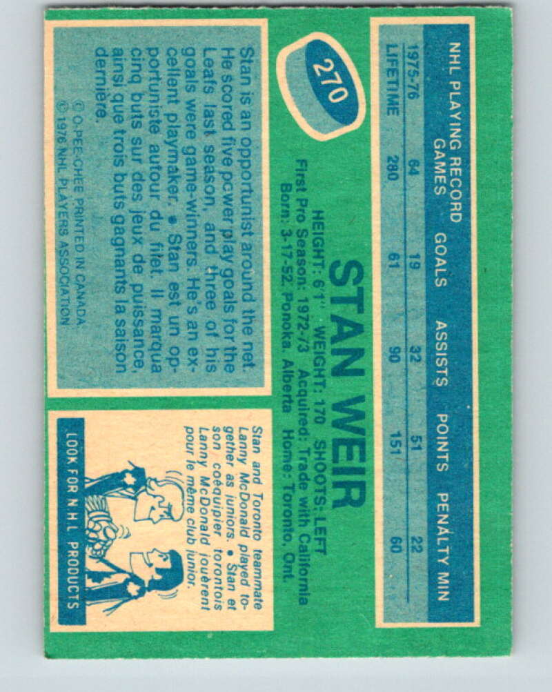 1976-77 OPC #270 Stan Weir Toronto Maple Leafs V2216