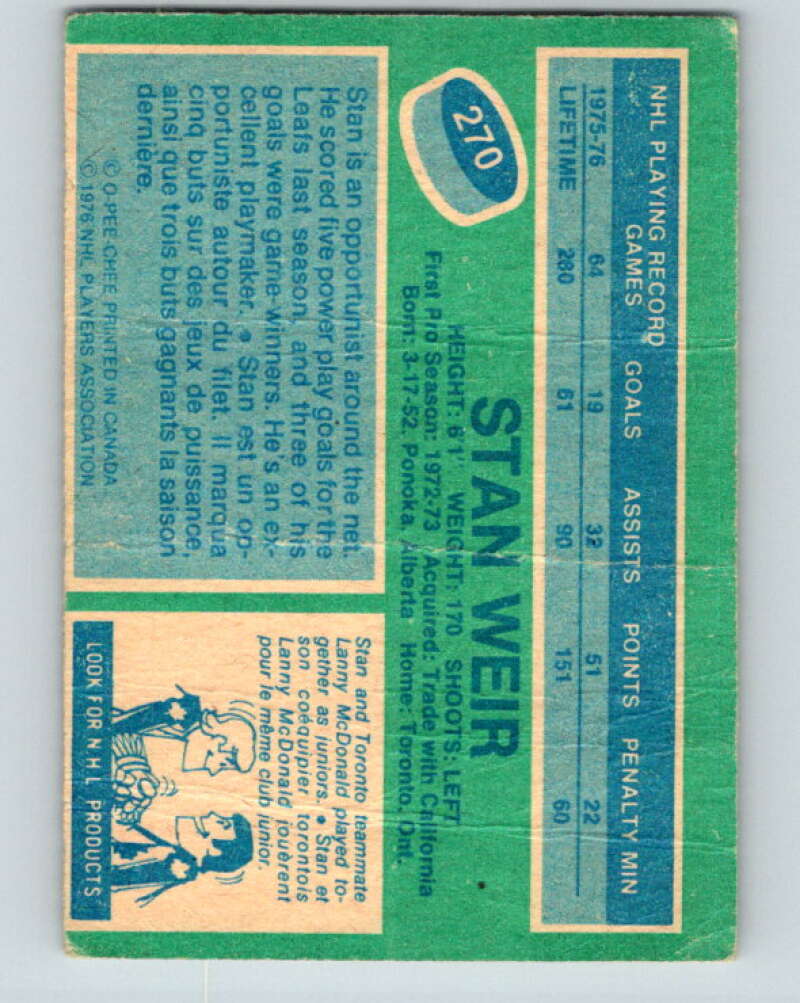 1976-77 OPC #270 Stan Weir Toronto Maple Leafs V2217