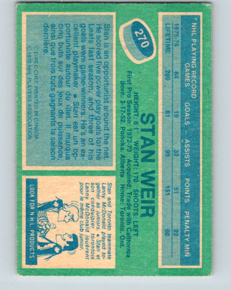 1976-77 OPC #270 Stan Weir Toronto Maple Leafs V2218