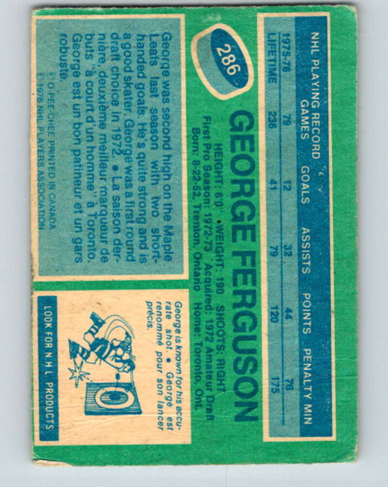 1976-77 OPC #286 George Ferguson Toronto Maple Leafs V2236