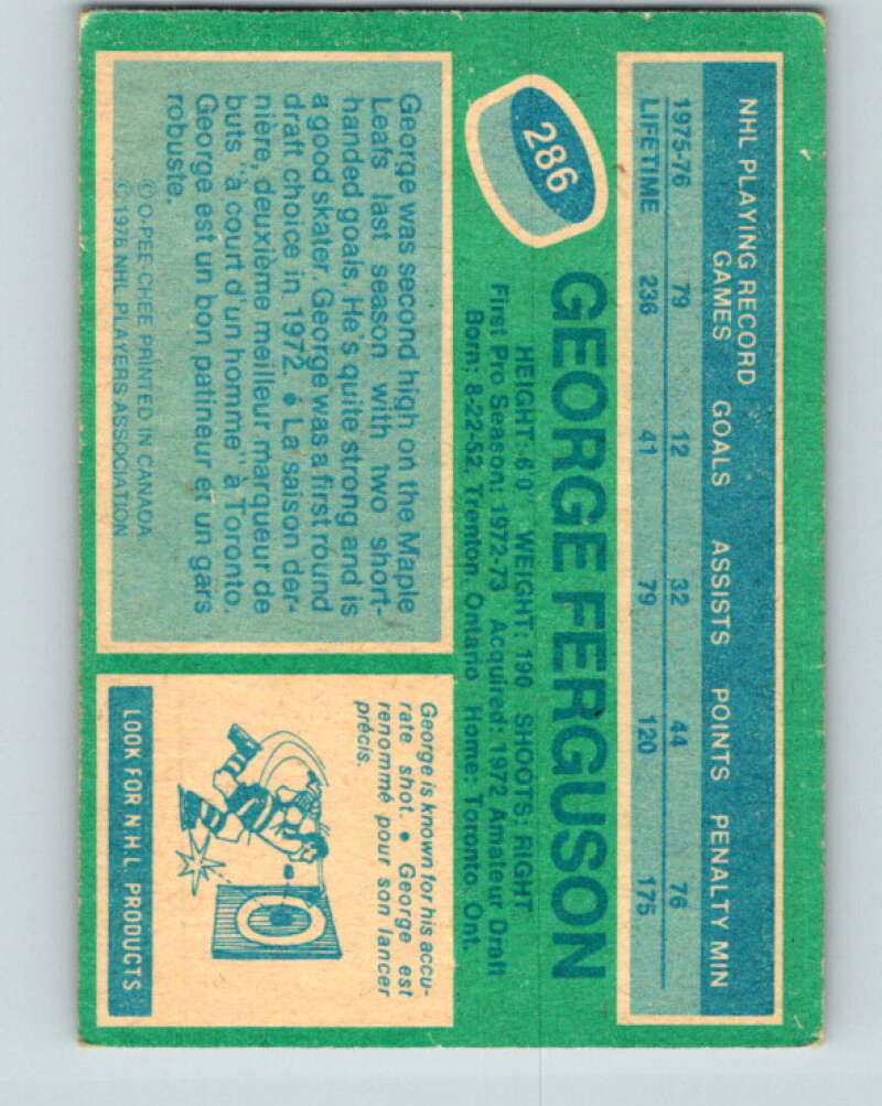 1976-77 OPC #286 George Ferguson Toronto Maple Leafs V2237