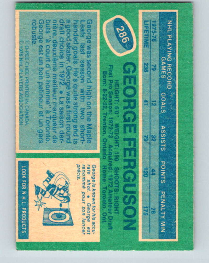 1976-77 OPC #286 George Ferguson Toronto Maple Leafs V2239