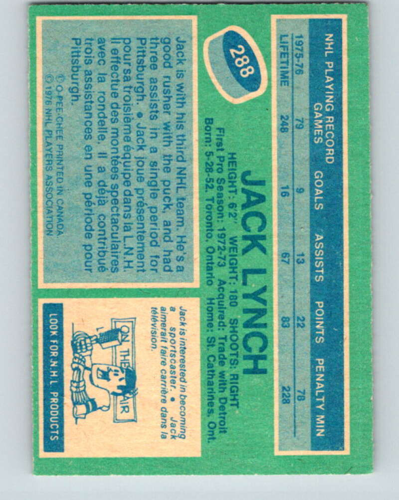 1976-77 OPC #288 Jack Lynch Washington Capitals V2242