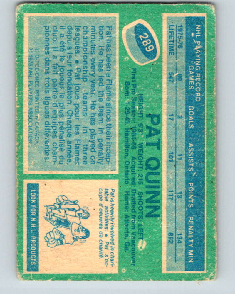 1976-77 OPC #289 Pat Quinn Atlanta Flames V2245