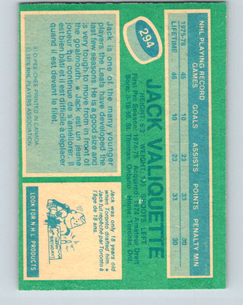 1976-77 OPC #294 Jack Valiquette RC Rookie Toronto Maple Leafs V2249