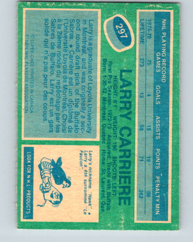 1976-77 OPC #297 Larry Carriere Atlanta Flames V2253