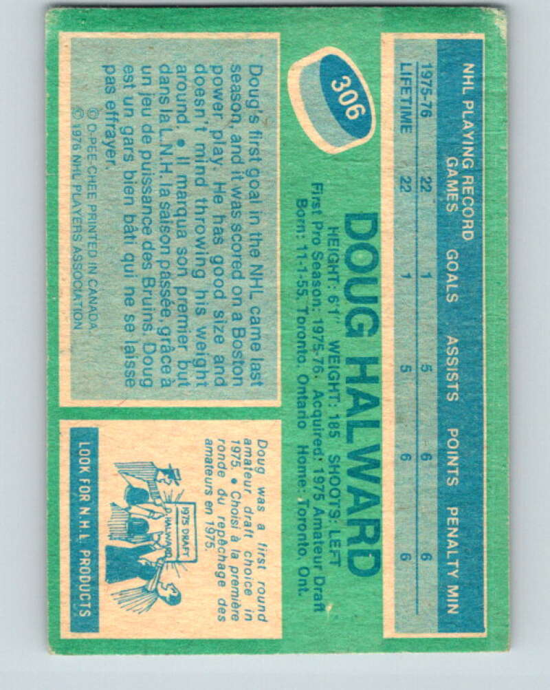 1976-77 OPC #306 Doug Halward RC Rookie Boston Bruins V2272