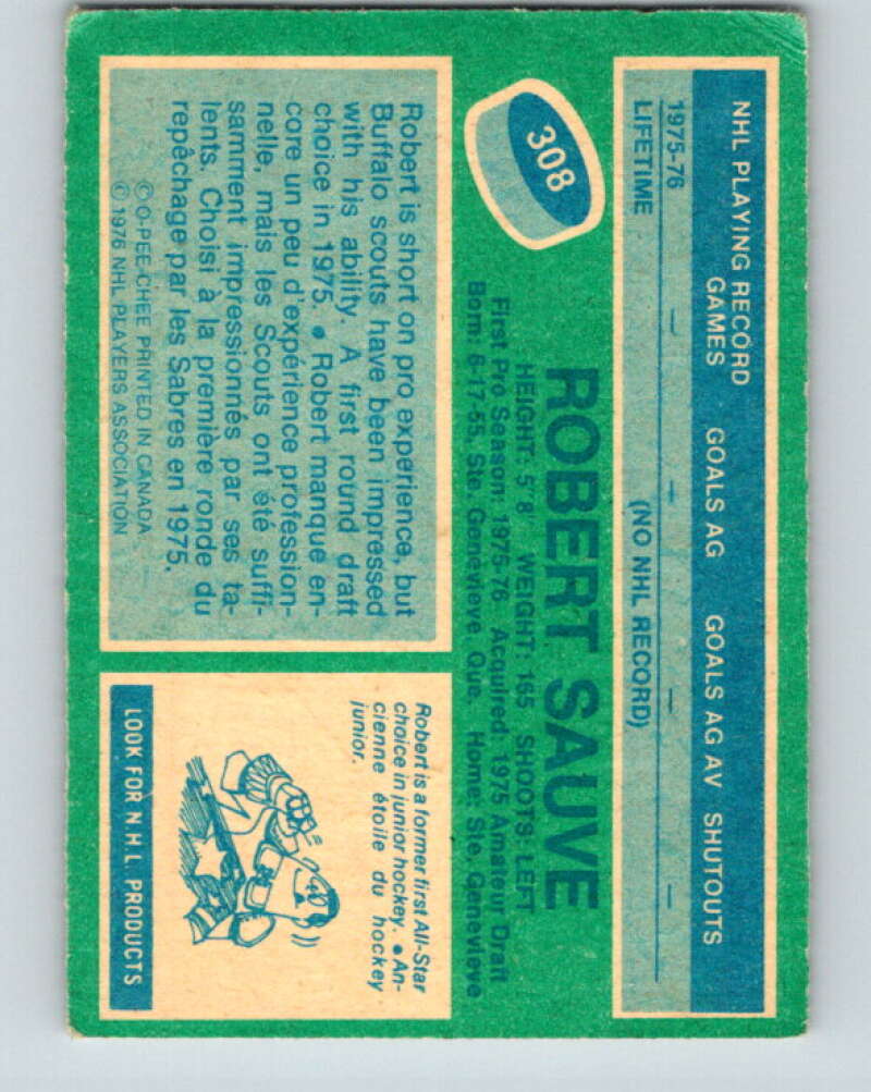 1976-77 OPC #308 Bob Sauve RC Rookie Buffalo Sabres V2276