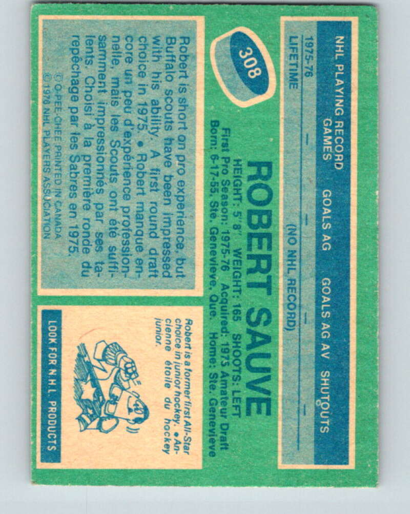 1976-77 OPC #308 Bob Sauve RC Rookie Buffalo Sabres V2277