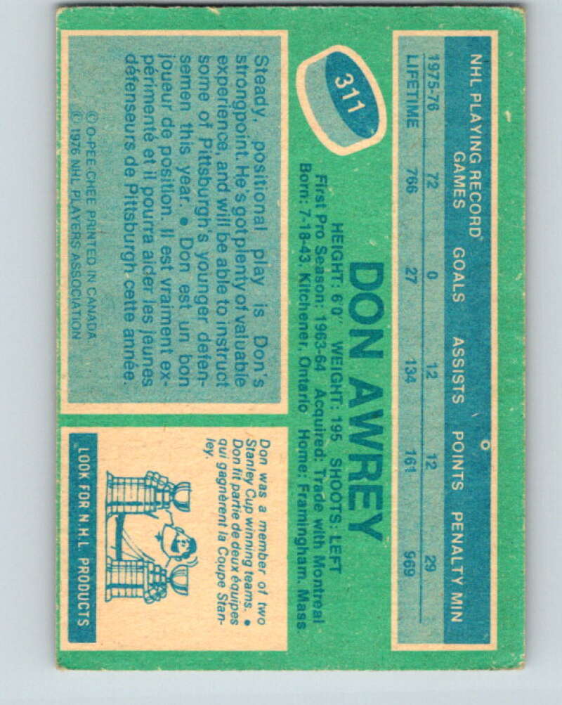 1976-77 OPC #311 Don Awrey Pittsburgh Penguins V2280