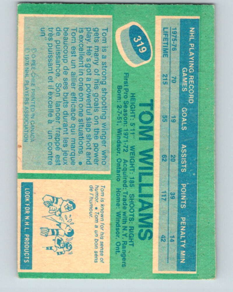 1976-77 O-Pee-Chee #319 Tom Williams Los Angeles Kings V2287