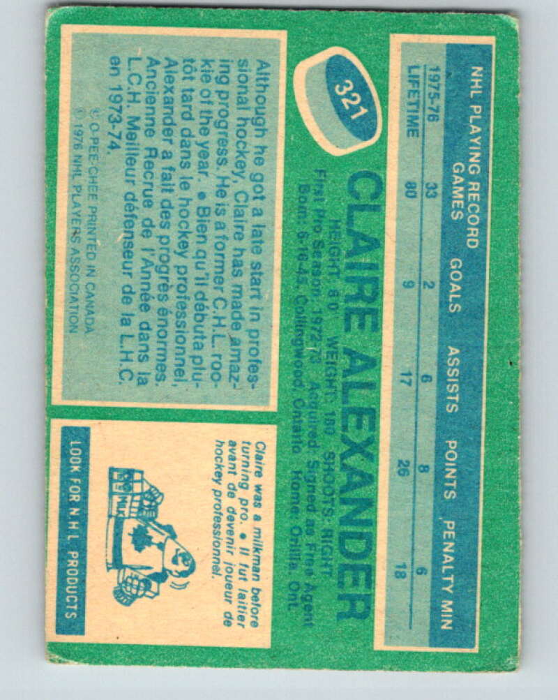 1976-77 O-Pee-Chee #321 Claire Alexander RC Rookie Toronto Maple Leafs V2288
