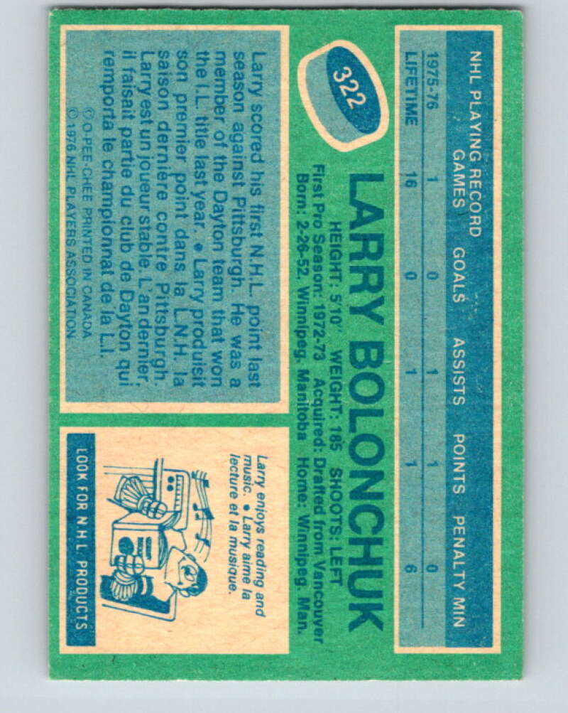1976-77 O-Pee-Chee #322 Larry Bolonchuk RC Rookie Washington Capitals V2289