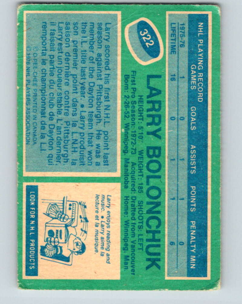 1976-77 O-Pee-Chee #322 Larry Bolonchuk RC Rookie Washington Capitals V2290