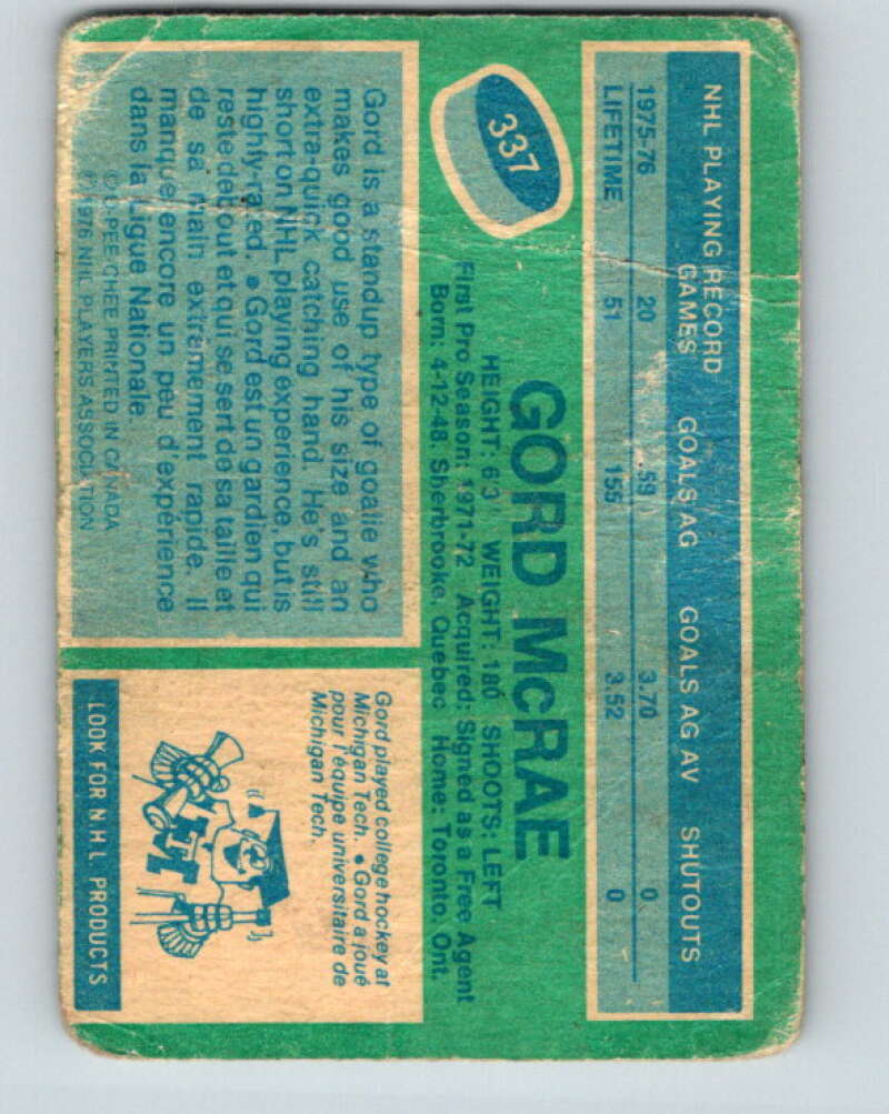 1976-77 O-Pee-Chee #337 Gord McRae Toronto Maple Leafs V2309