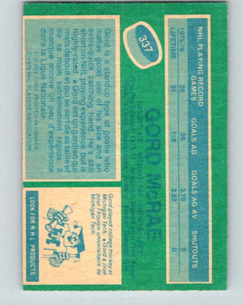 1976-77 O-Pee-Chee #337 Gord McRae Toronto Maple Leafs V2310