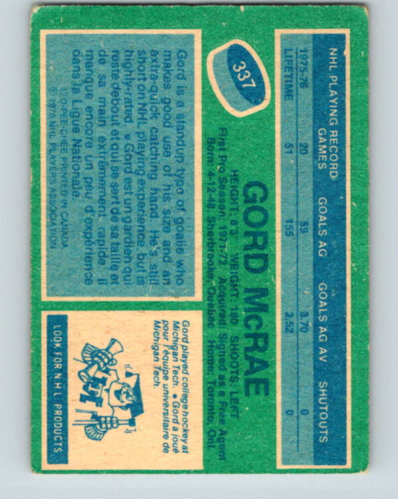 1976-77 O-Pee-Chee #337 Gord McRae Toronto Maple Leafs V2311
