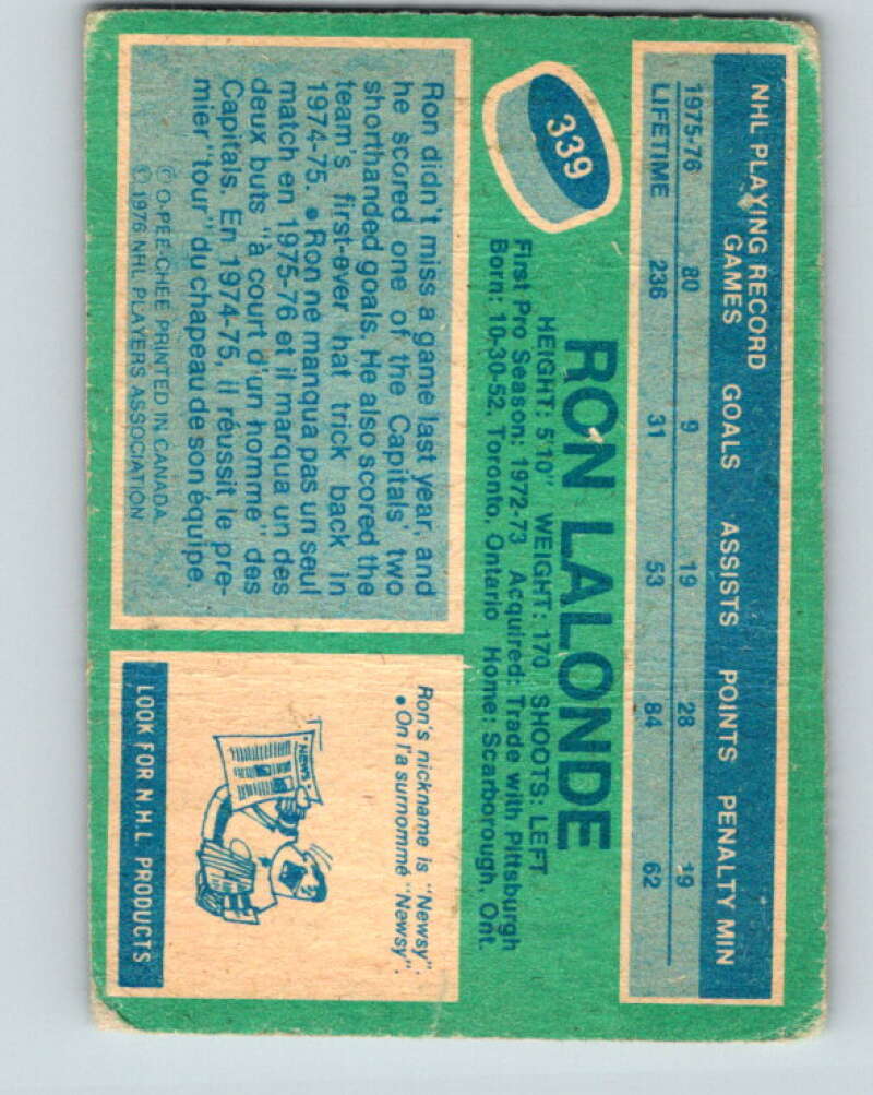 1976-77 O-Pee-Chee #339 Ron Lalonde Washington Capitals V2316