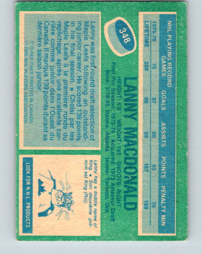 1976-77 O-Pee-Chee #348 Lanny McDonald Toronto Maple Leafs V2331