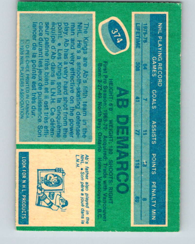 1976-77 O-Pee-Chee #374 Ab DeMarco Los Angeles Kings V2357