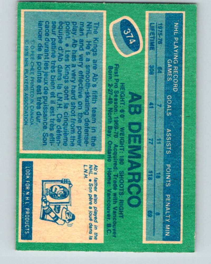 1976-77 O-Pee-Chee #374 Ab DeMarco Los Angeles Kings V2358