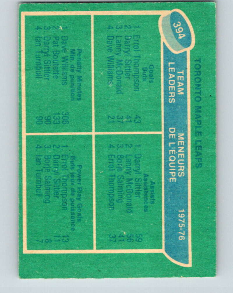 1976-77 O-Pee-Chee #394 Thompson/Sittler/Williams TL Leafs V2403