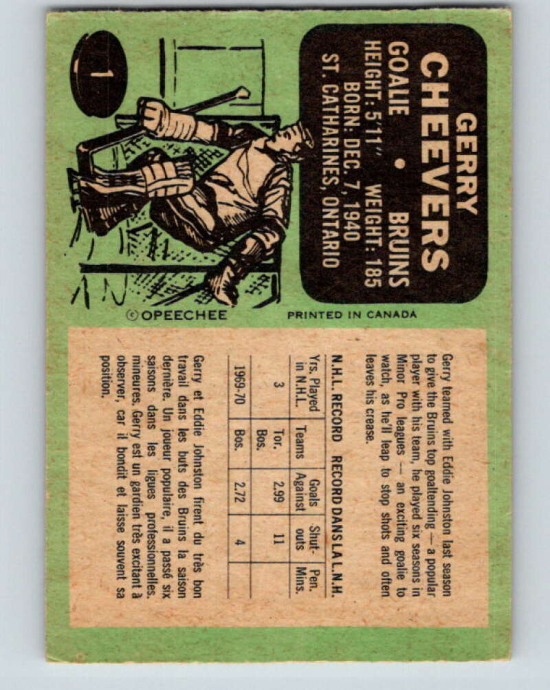 1970-71 O-Pee-Chee #1 Gerry Cheevers Boston Bruins V2415
