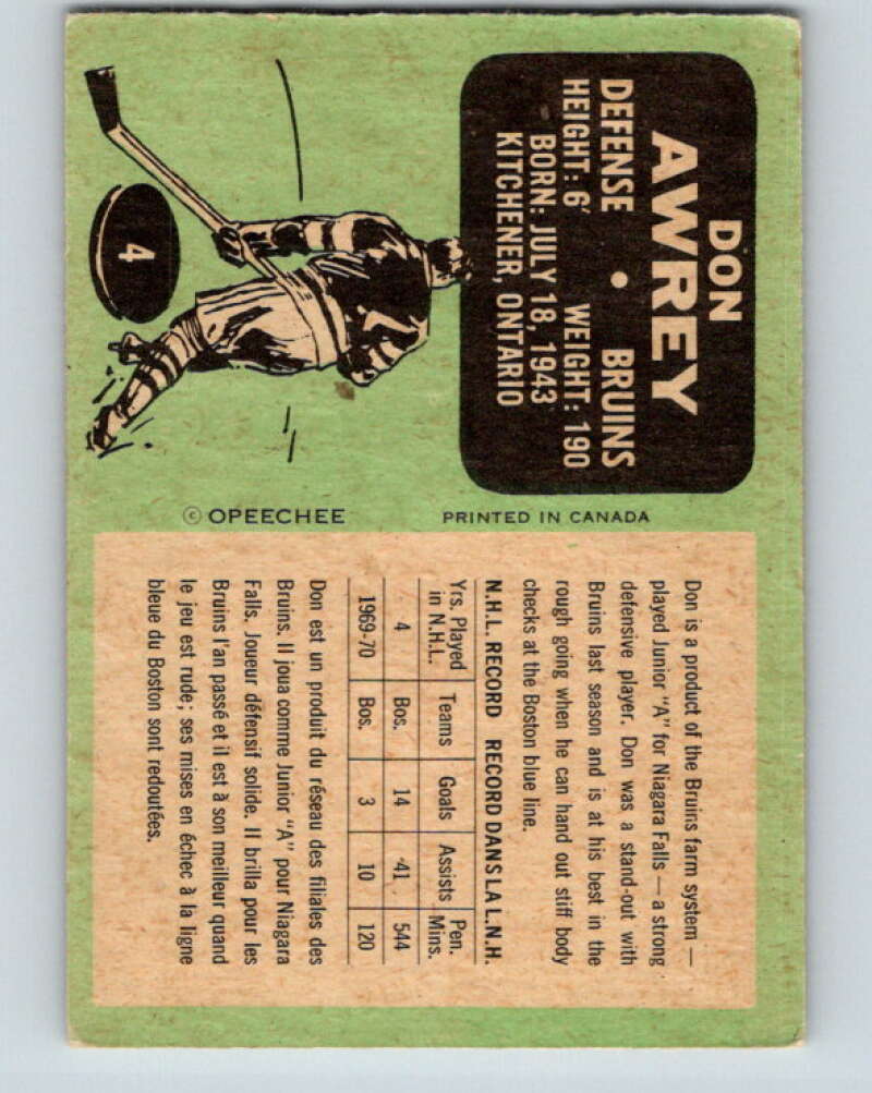 1970-71 O-Pee-Chee #4 Don Awrey Boston Bruins V2420