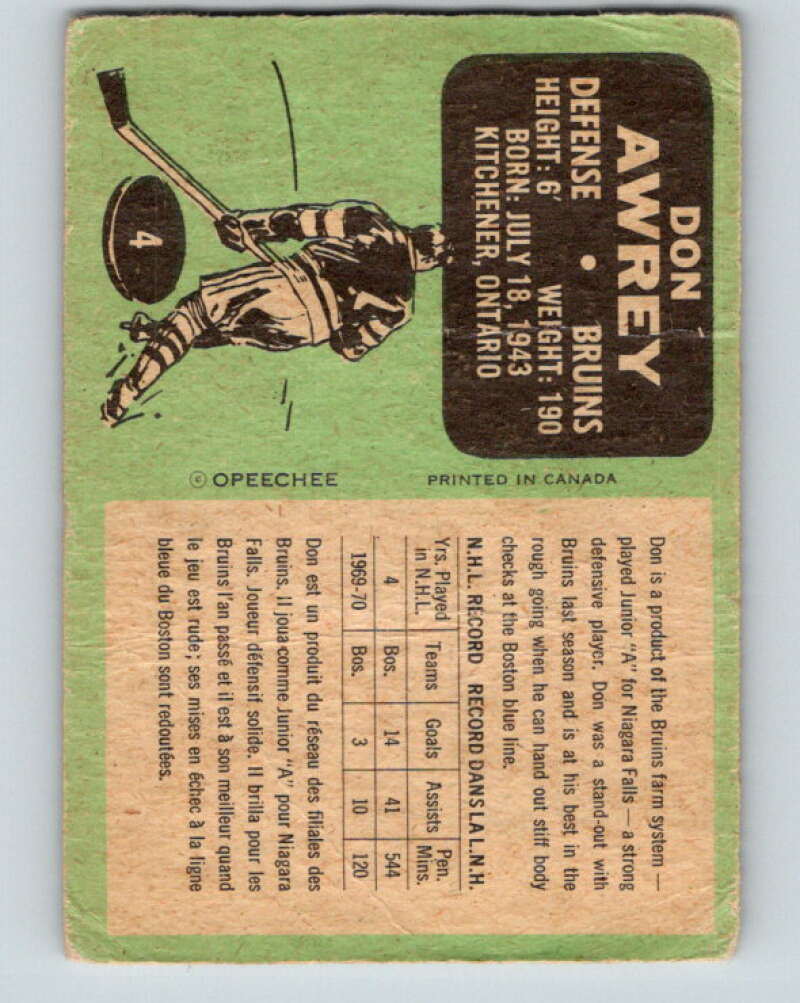 1970-71 O-Pee-Chee #4 Don Awrey Boston Bruins V2421