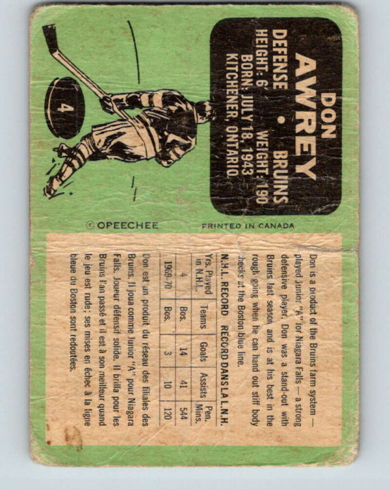 1970-71 O-Pee-Chee #4 Don Awrey Boston Bruins V2422