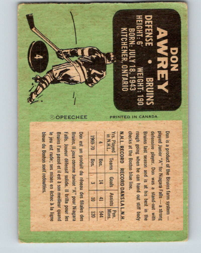 1970-71 O-Pee-Chee #4 Don Awrey Boston Bruins V2423