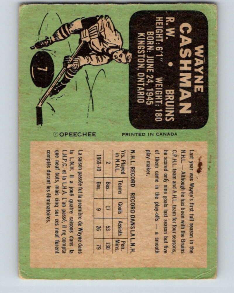 1970-71 O-Pee-Chee #7 Wayne Cashman RC Rookie Boston Bruins V2427