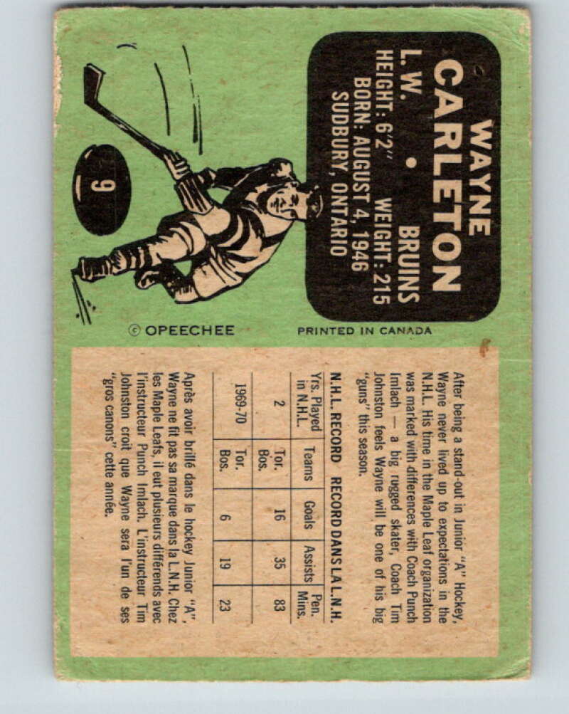 1970-71 O-Pee-Chee #9 Wayne Carleton Boston Bruins V2431