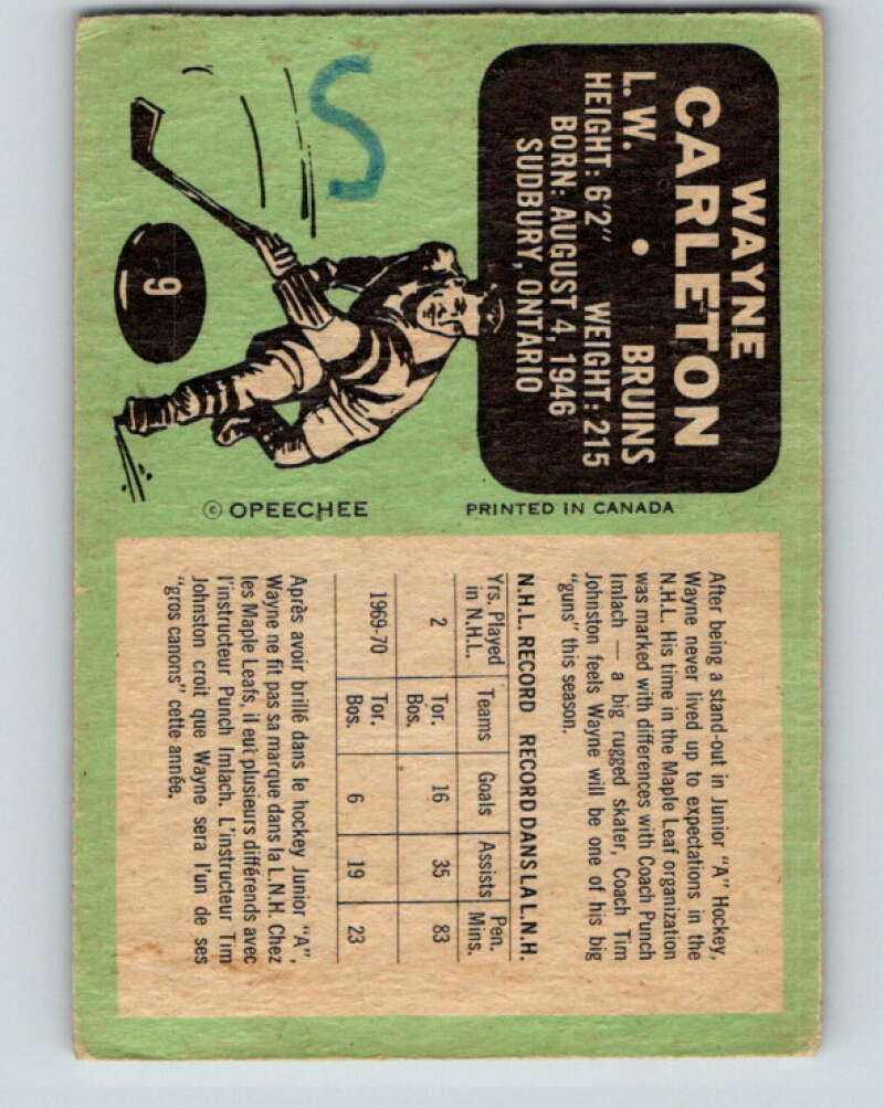 1970-71 O-Pee-Chee #9 Wayne Carleton Boston Bruins V2432
