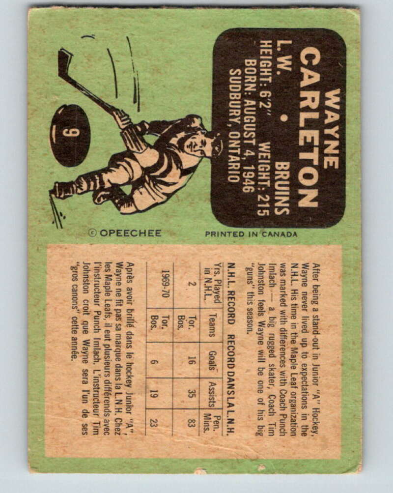 1970-71 O-Pee-Chee #9 Wayne Carleton Boston Bruins V2433