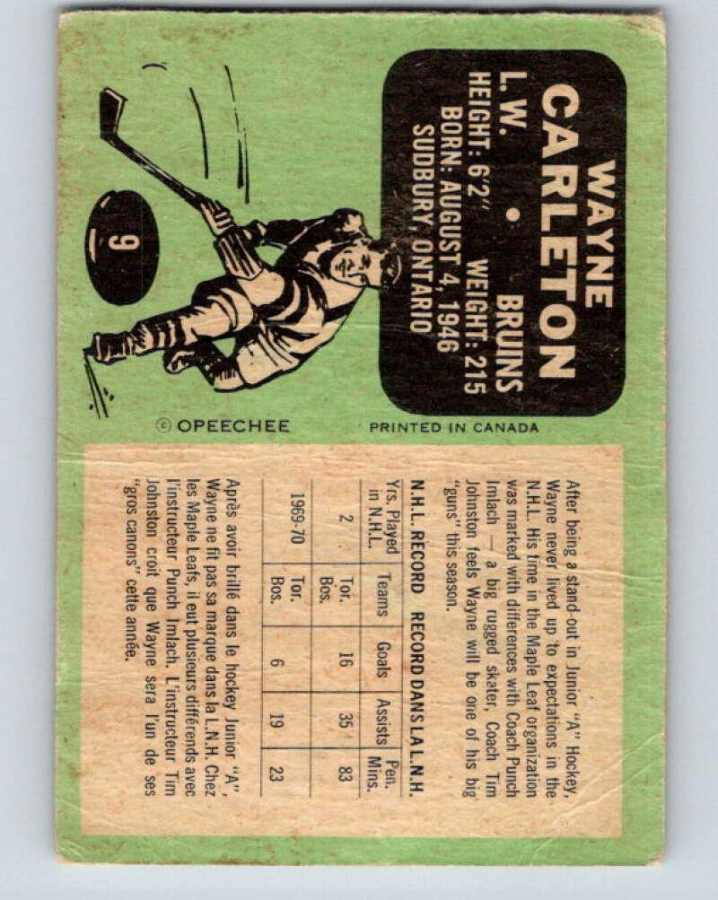 1970-71 O-Pee-Chee #9 Wayne Carleton Boston Bruins V2434