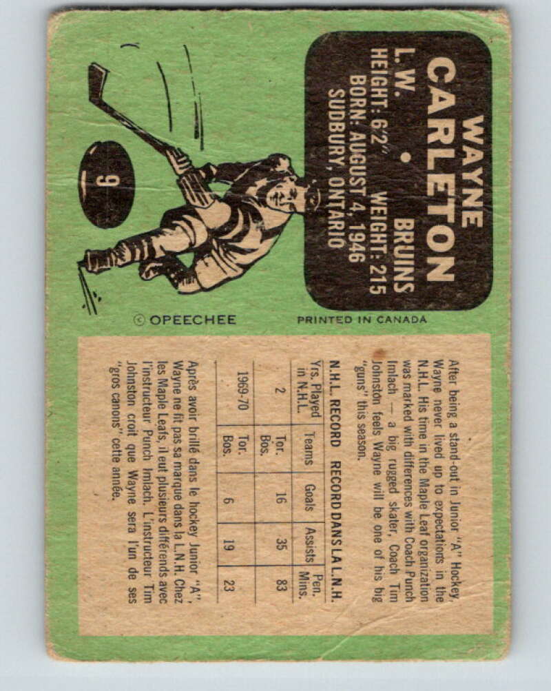 1970-71 O-Pee-Chee #9 Wayne Carleton Boston Bruins V2435