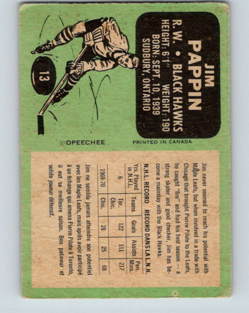 1970-71 O-Pee-Chee #13 Jim Pappin Chicago Blackhawks V2443