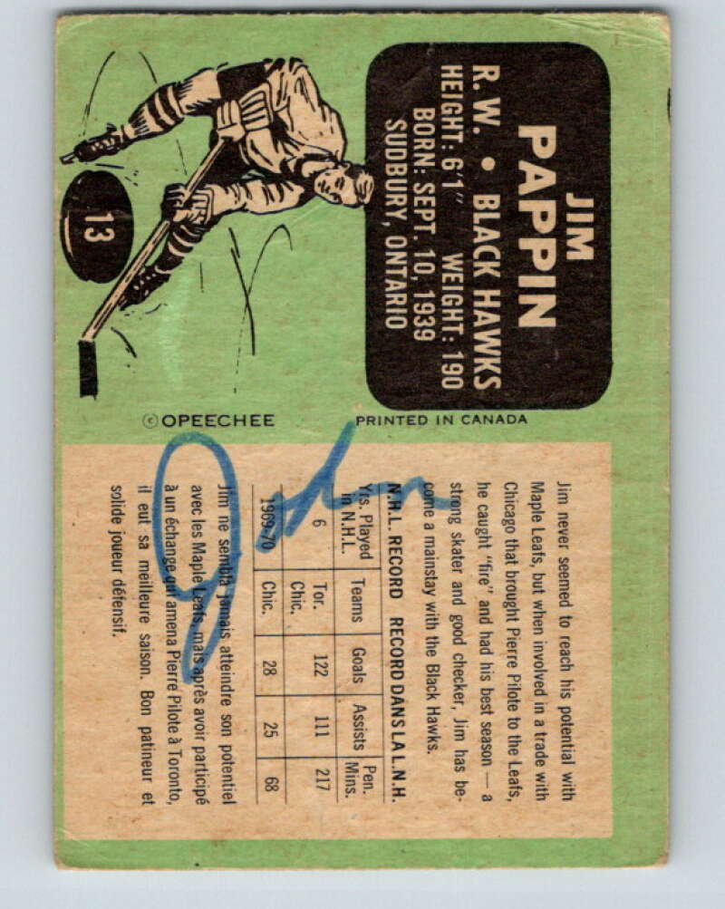 1970-71 O-Pee-Chee #13 Jim Pappin Chicago Blackhawks V2444