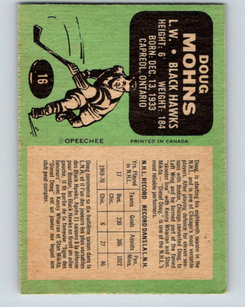 1970-71 O-Pee-Chee #16 Doug Mohns Chicago Blackhawks V2450