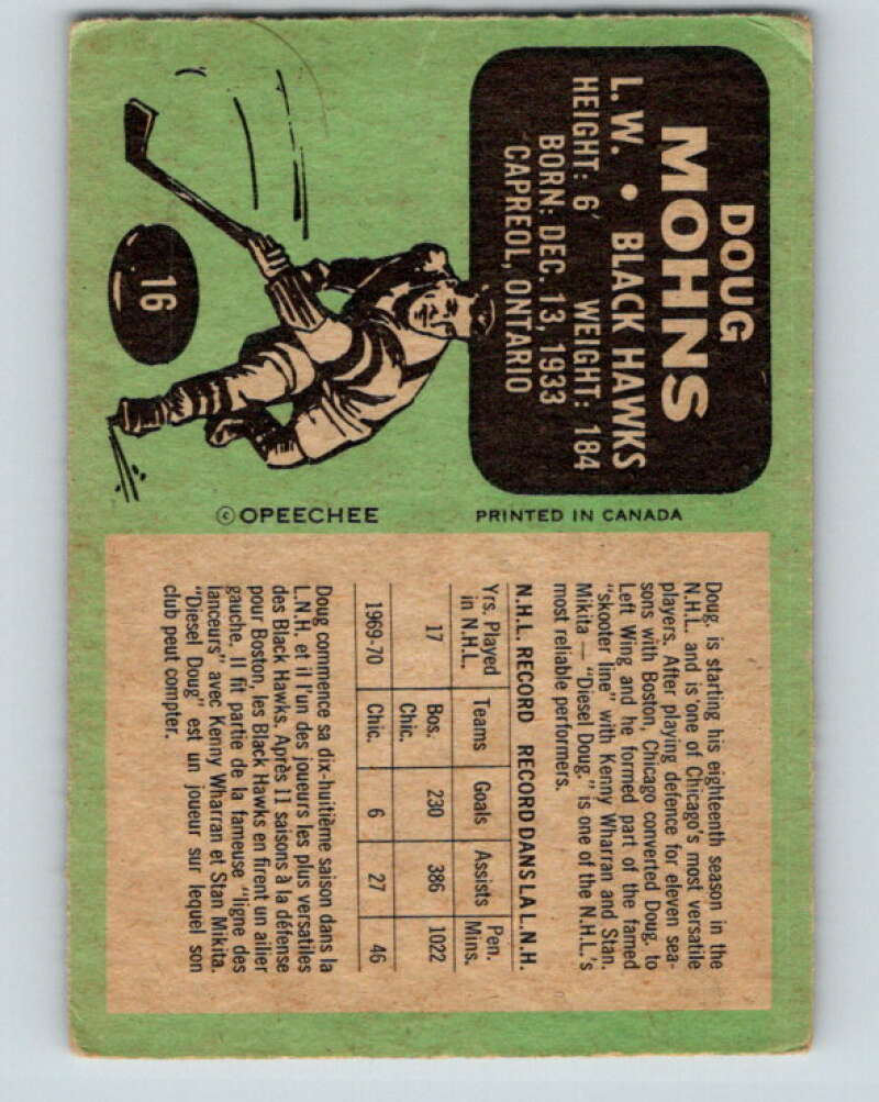 1970-71 O-Pee-Chee #16 Doug Mohns Chicago Blackhawks V2451