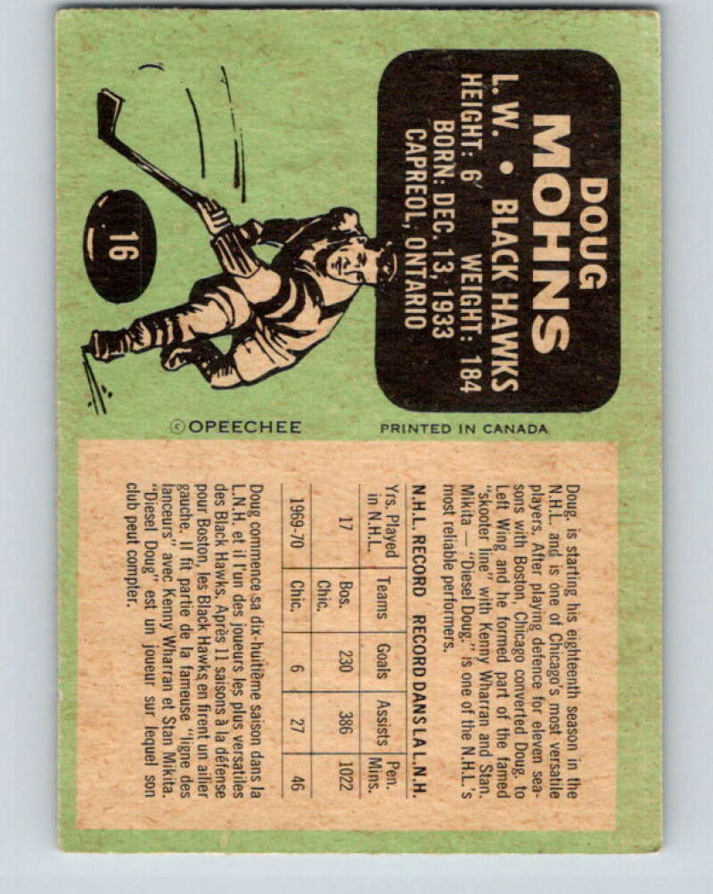 1970-71 O-Pee-Chee #16 Doug Mohns Chicago Blackhawks V2452