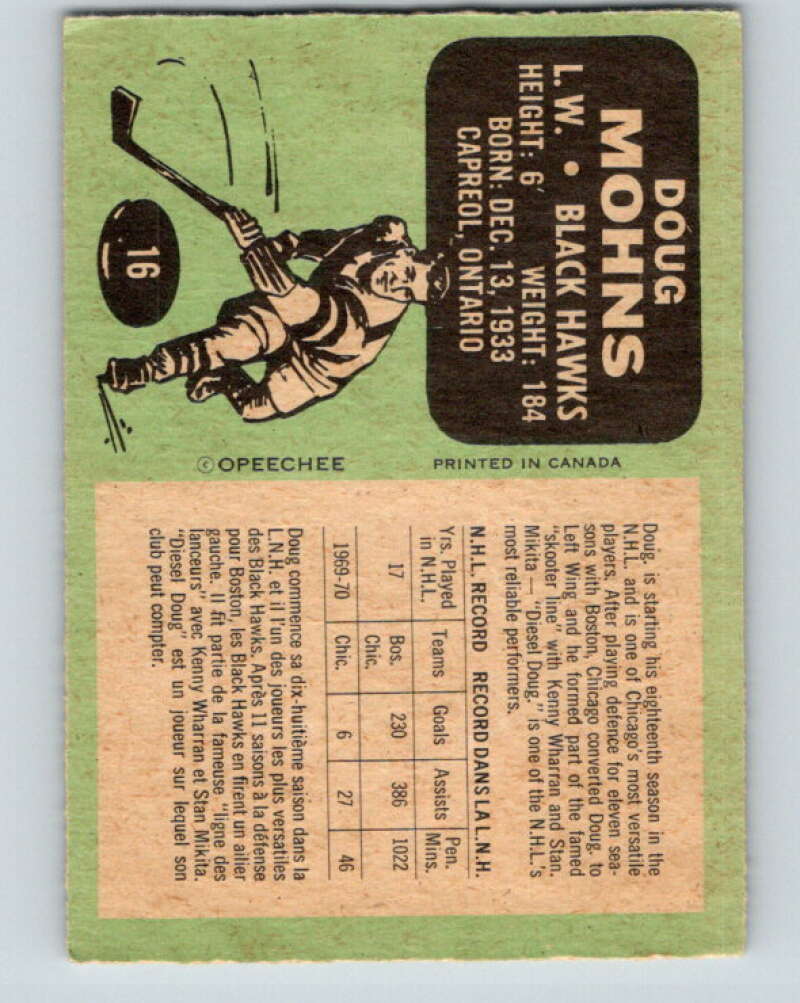 1970-71 O-Pee-Chee #16 Doug Mohns Chicago Blackhawks V2453