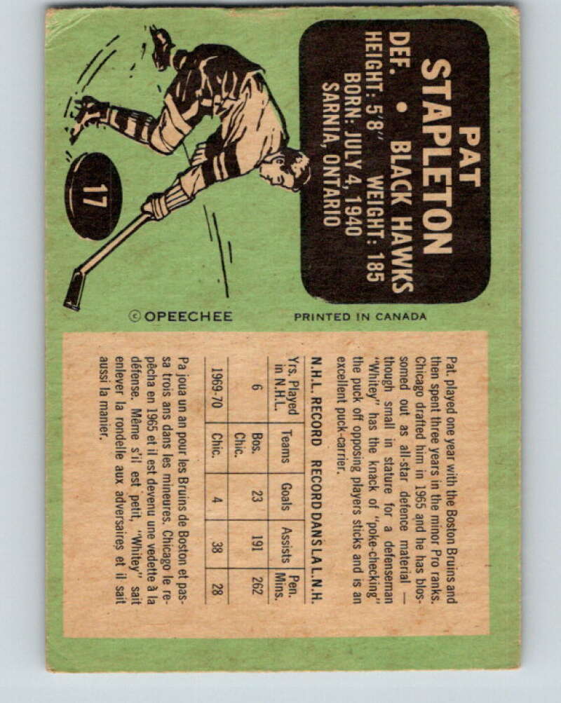 1970-71 O-Pee-Chee #17 Pat Stapleton Chicago Blackhawks V2455