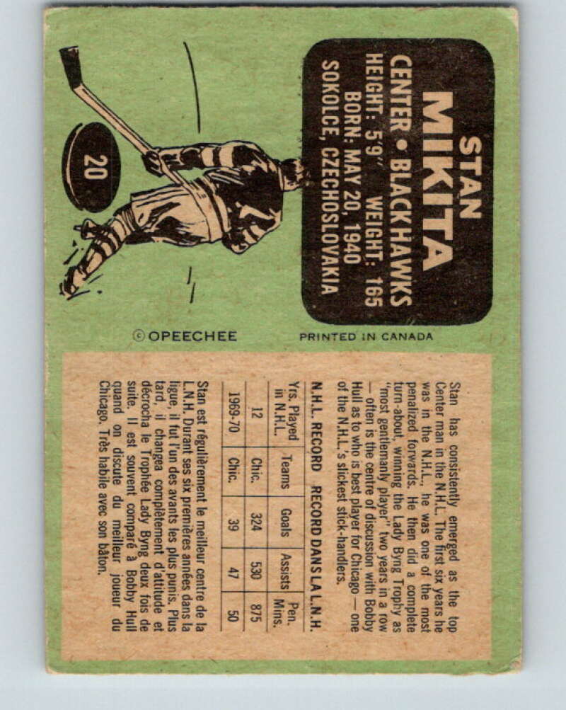 1970-71 O-Pee-Chee #20 Stan Mikita Chicago Blackhawks V2465