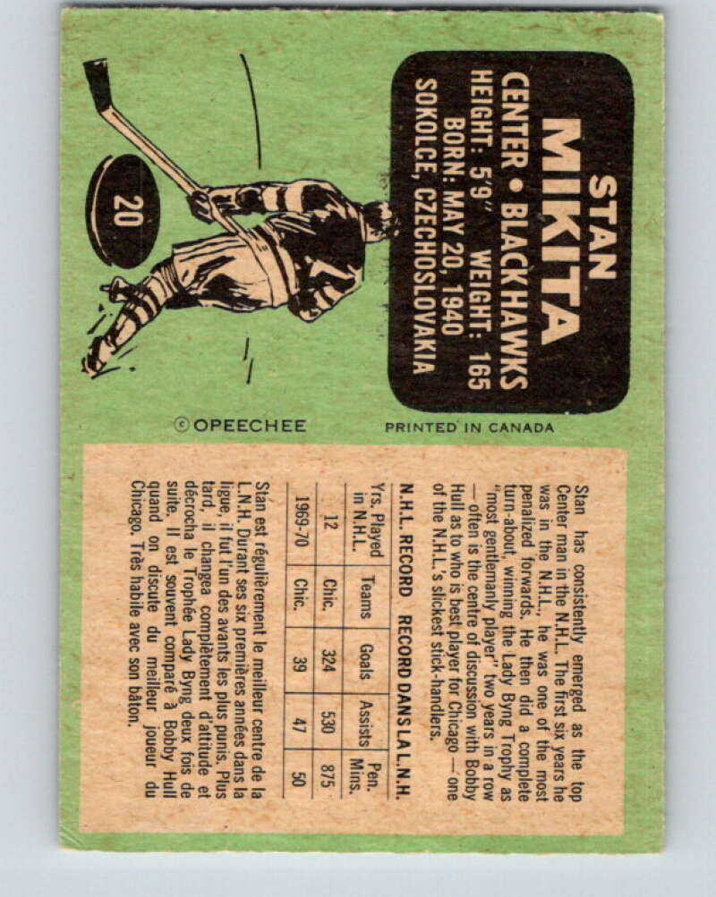 1970-71 O-Pee-Chee #20 Stan Mikita Chicago Blackhawks V2466
