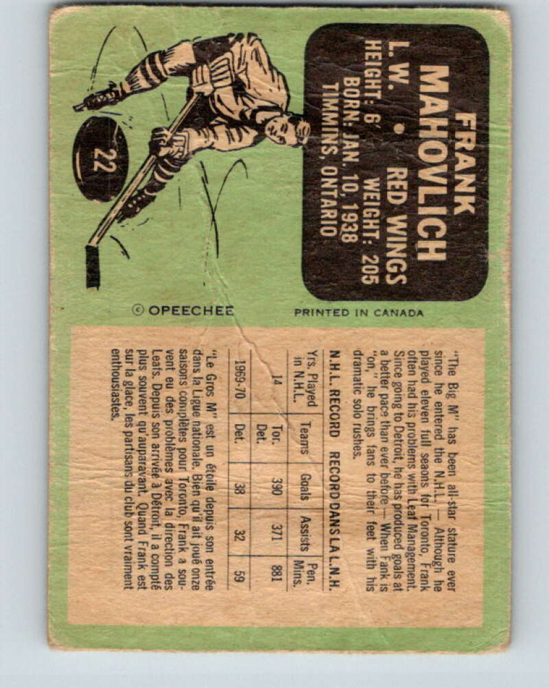1970-71 O-Pee-Chee #22 Frank Mahovlich Detroit Red Wings V2468
