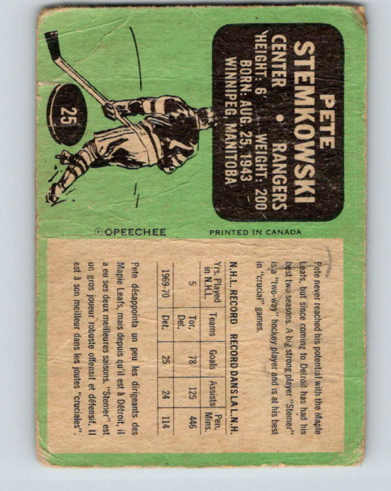 1970-71 O-Pee-Chee #25 Pete Stemkowski Detroit Red Wings V2474