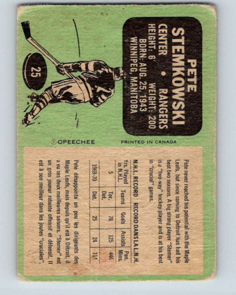 1970-71 O-Pee-Chee #25 Pete Stemkowski Detroit Red Wings V2475