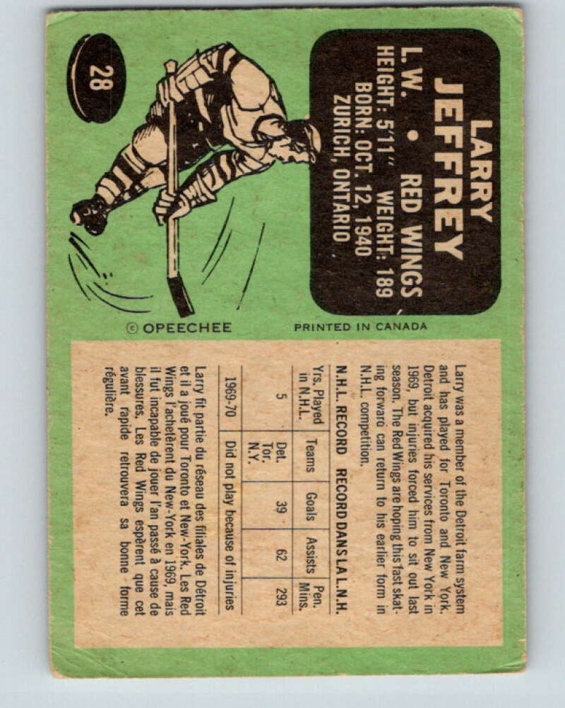 1970-71 O-Pee-Chee #28 Larry Jeffrey Detroit Red Wings V2483